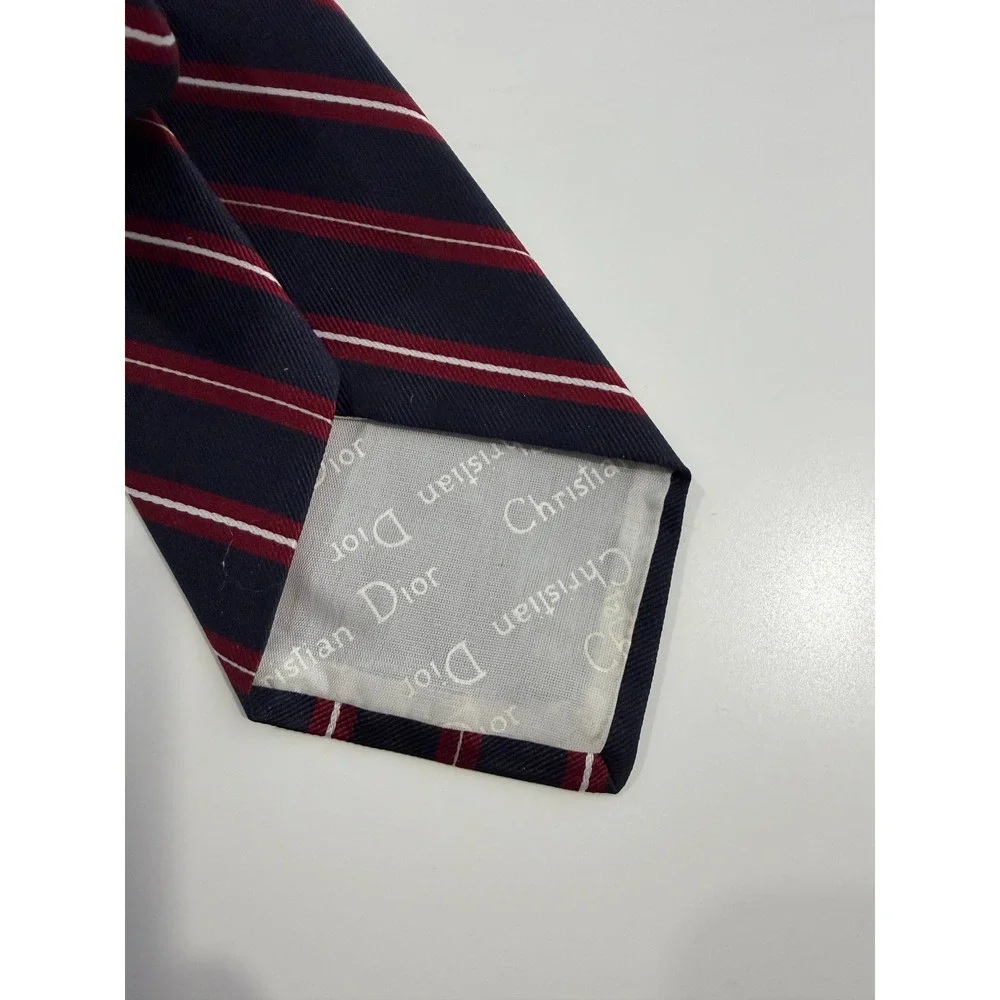 Christian Dior Tie Navy Blue Red White Striped Logo Mens